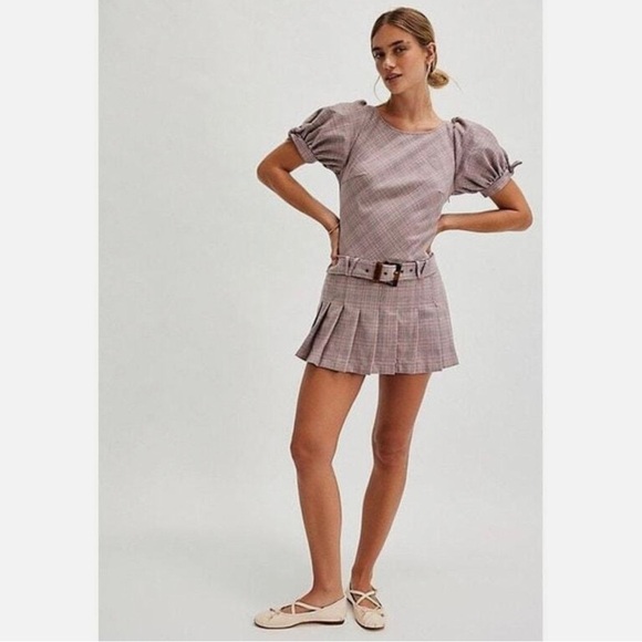 Free People Sevi Plaid Mini Dress Puff Sleeve Grey and Pink Combo Size XS NWOT - Picture 10 of 10